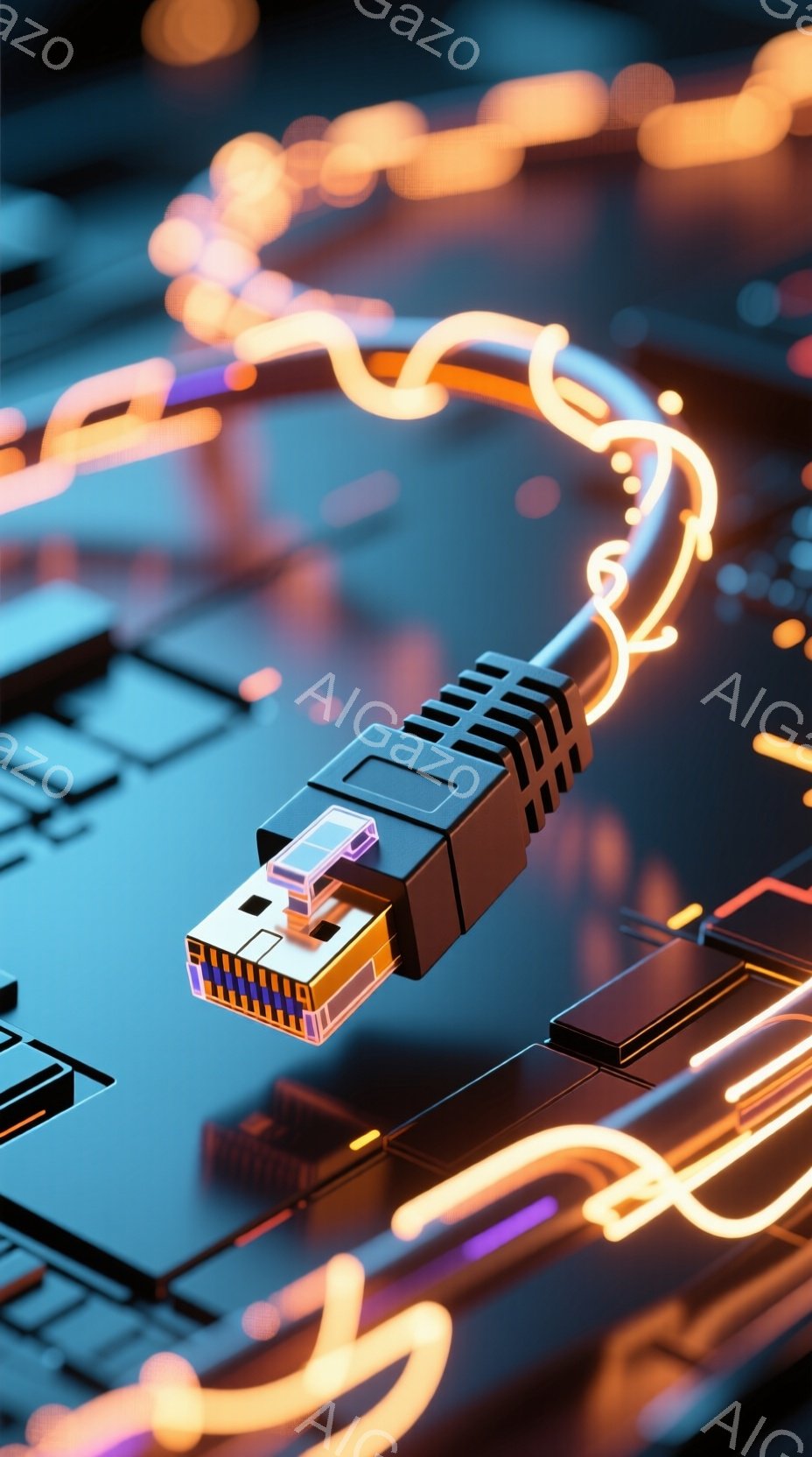 画像は、回路基板のような背景に、USBケーブルのプラグが焦点として配置されています。鮮やかなオレンジ色の光がケーブルから放射されており、デジタルなエネルギーの流れを表現しています。全体的に、近未来的な - AI生成フリー素材