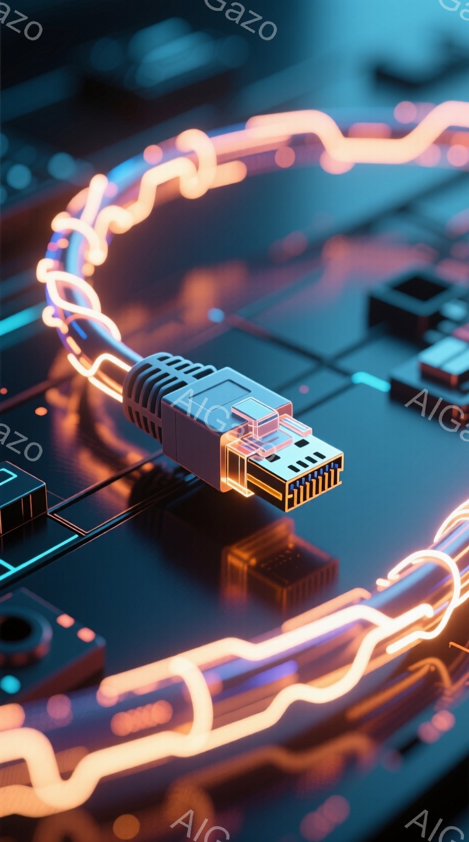 この画像は、青色の回路基板上に設置されたネットワークケーブル（RJ45コネクタ）を捉えています。コネクタの周囲には、まるで電気の流れのように光るオレンジ色の光の線が複雑に絡みつき、近未来的な雰囲気を醸し出しています。基板上には他にも電子部品が配置され、全体として技術的な精密さを強調した鮮やかなイメージです。