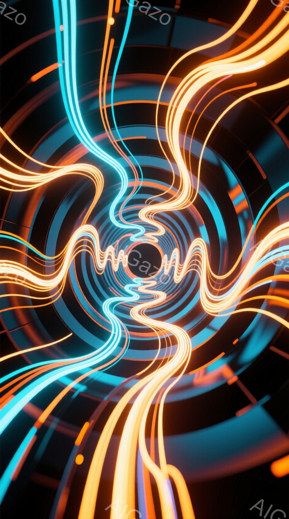 鮮やかなオレンジと青色の光の線が渦巻状に集まり、まるでトンネルのような視覚効果を生み出しています。これらの線は、エネルギーの流れや空間の歪みを表現しているかのようで、奥行きと動きを感じさせます。背景は - AI生成フリー素材