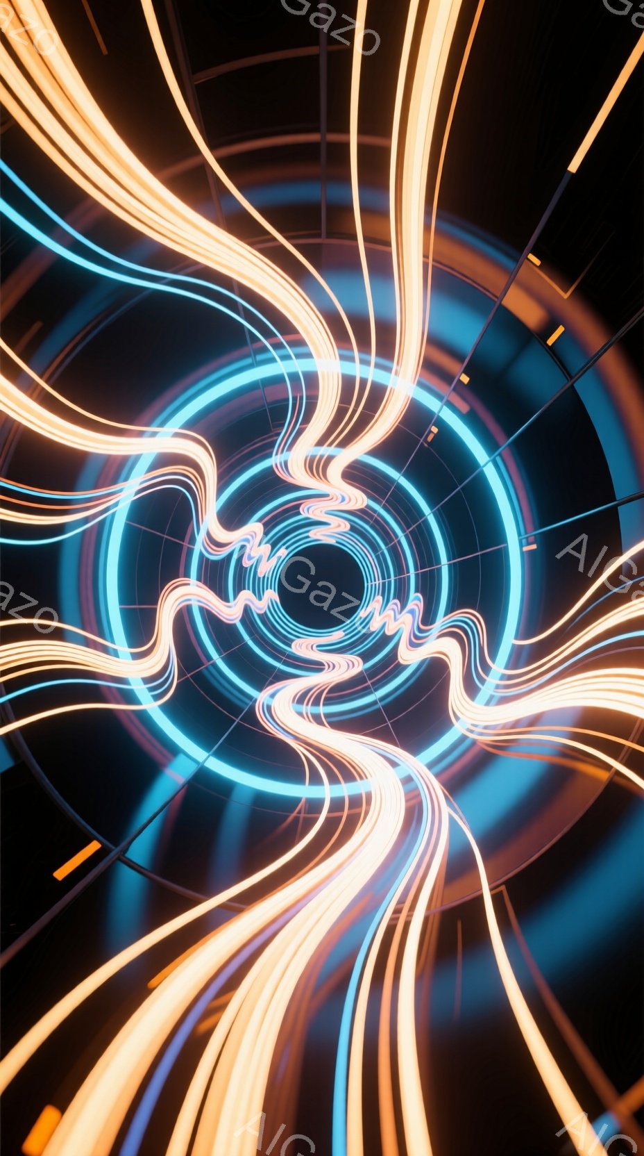 この画像は、暗い背景を背景にした、渦巻く光の抽象的な表現です。青とオレンジの光線が中心から放射状に広がり、まるでトンネルやワームホールのようにも見えます。光の軌跡は流動的で、未来的なエネルギーや速度感を想起させます。