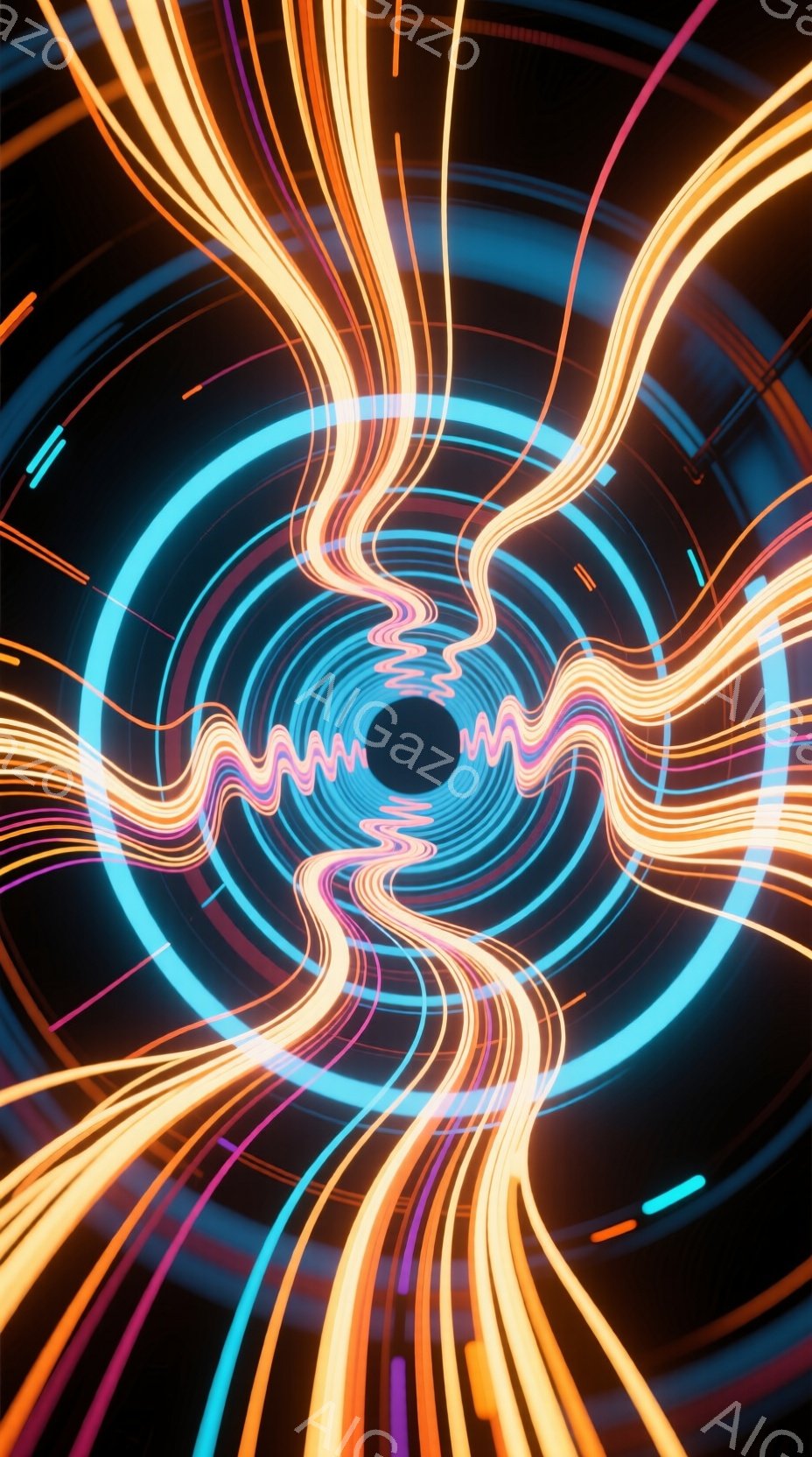鮮やかなネオンカラーの線が、中心の暗闇に向かって放射状に広がっている抽象的なイメージです。青、オレンジ、紫色の光の軌跡が円を描くように配置され、未来的なエネルギーや空間の感覚を喚起します。黒色の背景が光のコントラストを強調し、ダイナミックで神秘的な雰囲気を醸し出しています。