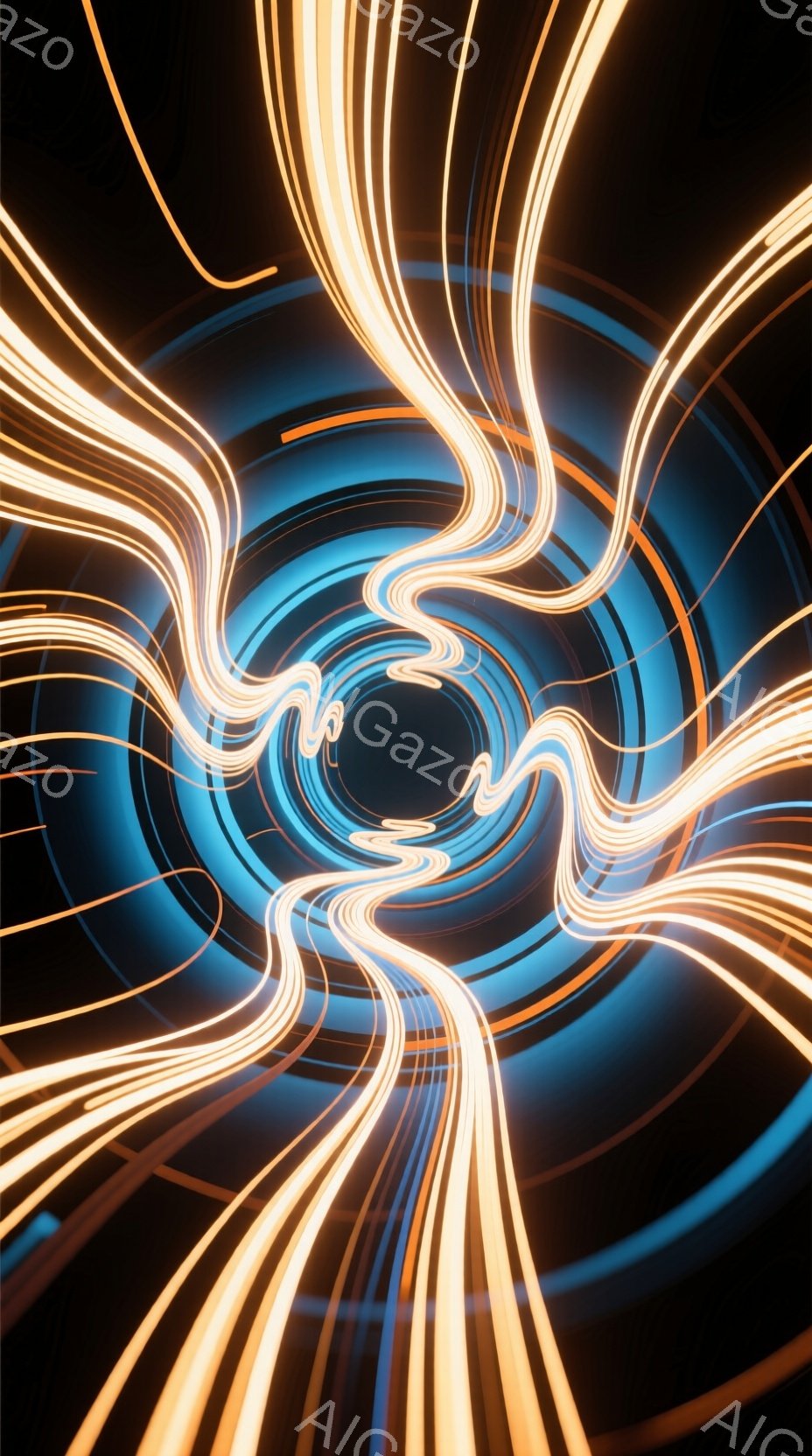 鮮やかなオレンジと青の光の線が渦を巻いて中央に集まる様子が描かれています。まるでトンネルやポータルを思わせるような、強烈な動きとエネルギーを感じさせる抽象的な光景です。背景は漆黒で、光の線が際立ってお - AI生成フリー素材