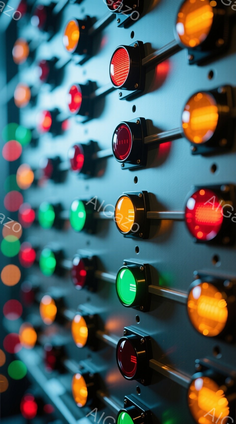 画像は、金属製のパネルに規則的に並んだ、様々な色の小型の丸いライトが特徴です。赤、緑、オレンジ色のライトが点灯しており、工業的な雰囲気や制御装置の一部を彷彿とさせます。背景は暗く、ライトが発する光が際立っており、精密機器や工場設備の一部である可能性を示唆しています。