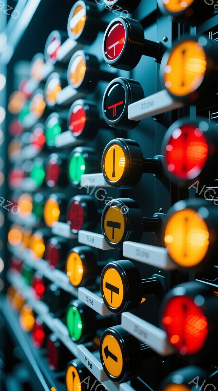 画像は、様々な交通標識のライトが規則的に並べられた、細長い垂直方向の構成です。赤、緑、黄色のライトが交互に配置され、各ライトは白いフレームに固定されています。この構成は、産業的な背景や整備工場のような環境を想起させ、整然とした、機械的な雰囲気を醸し出しています。
