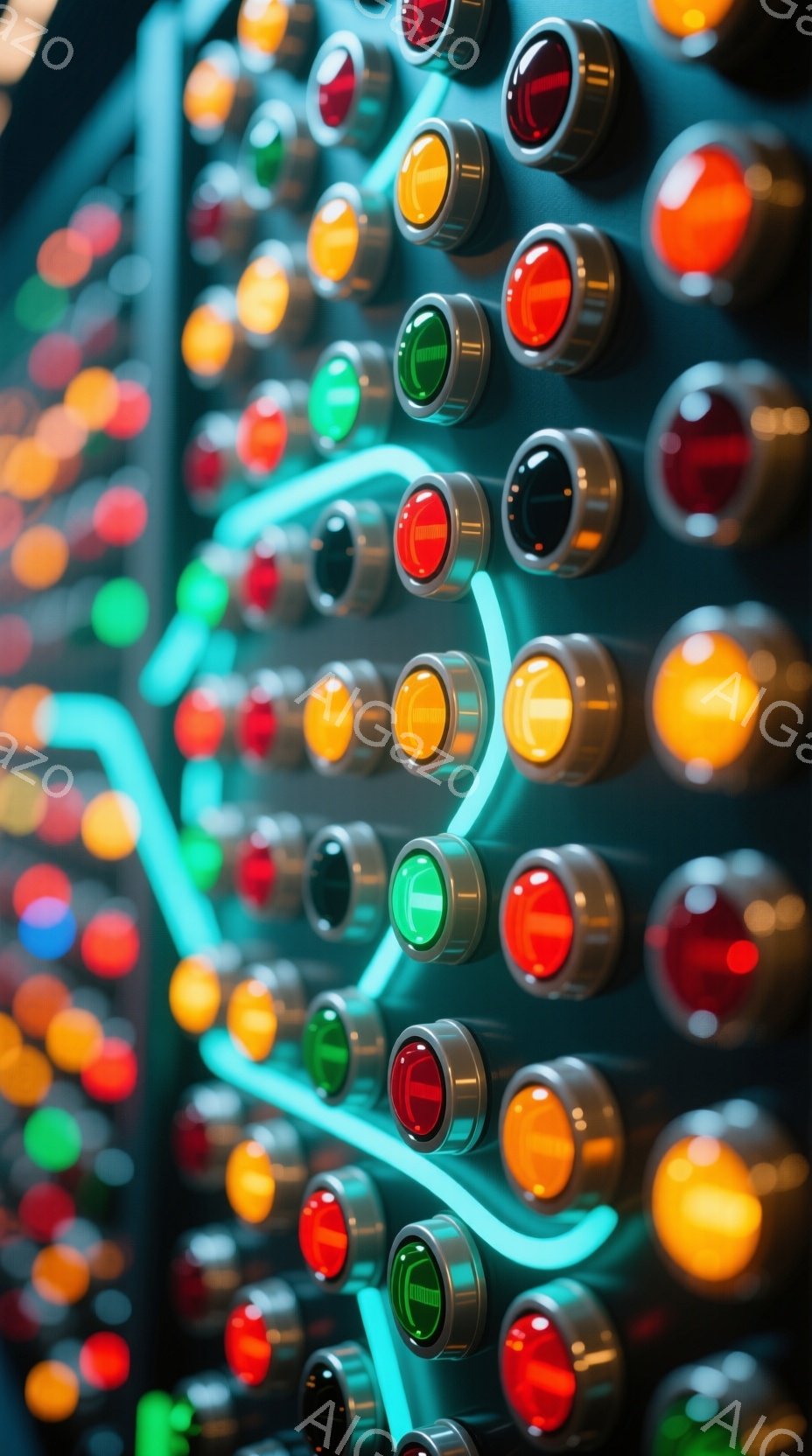 鮮やかな緑色のネオンライトが、金属製のパネルに規則正しく並んだ様々な色のボタンを囲んでいます。赤、オレンジ、緑などのボタンが、まるで電子回路のようにも見え、近未来的な雰囲気を醸し出しています。光の反射がボタンの金属部分に生まれ、全体的にサイバーパンク調のデザインを強調しています。