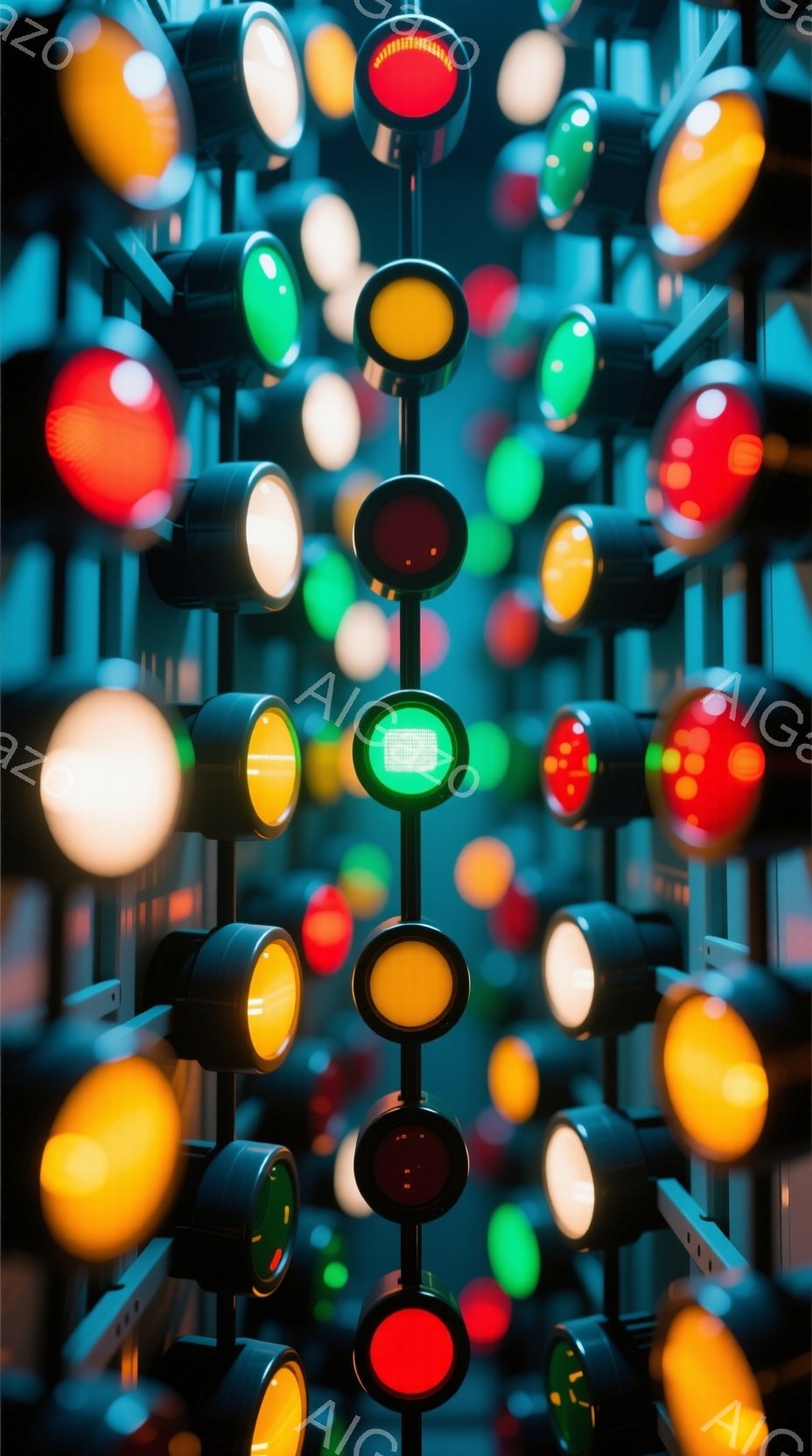 この画像は、様々な色の信号灯が密集して配置された、やや抽象的な光景です。赤、黄、緑の信号灯が、まるで万華鏡のように複雑に重なり合い、強い光のコントラストを生み出しています。背景は暗く、信号灯の光が際立っており、未来的な雰囲気と同時に、どこか不安定な印象を与えます。