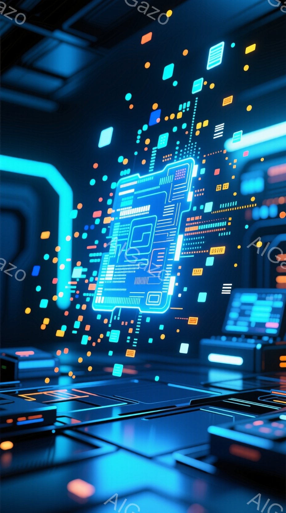 この画像は、未来的な青色の電子回路基板が、黒い光沢のある表面に投影された様子を描いています。基板は複雑な配線と小さな発光ダイオードで構成され、未来的なテクノロジーやデータ処理を連想させます。背景は暗く、回路基板の青い光が際立っており、サイバーパンクやデジタル世界を彷彿とさせる雰囲気です。