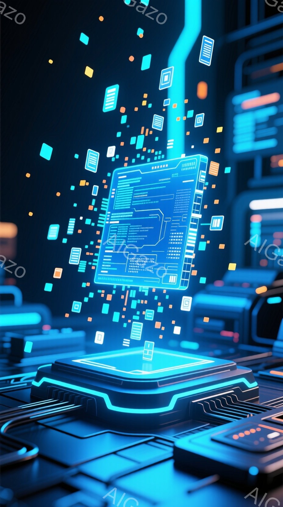 この画像は、未来的な青色の光景を描いており、複雑な回路基板がホログラムのように、光るプラットフォームの上に浮かんでいる様子が印象的です。プラットフォームはキーボードの一部に置かれており、背景には青色の - AI生成フリー素材