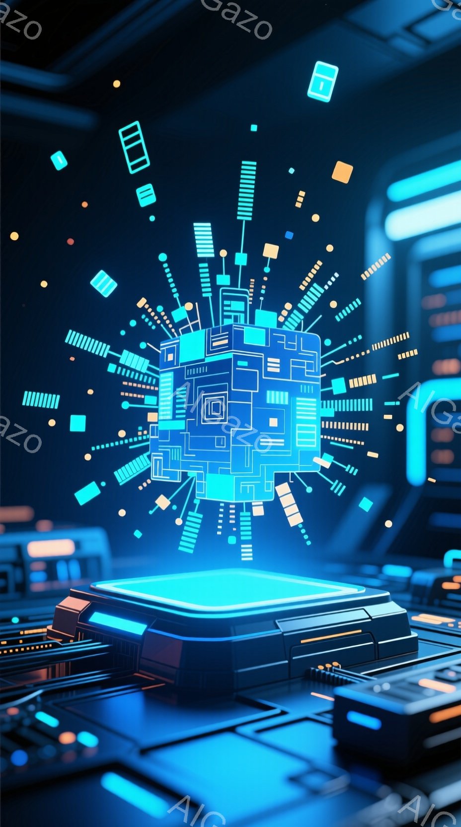 鮮やかな青色の光を放つ立方体が、未来的なプラットフォーム上に浮かんでいます。立方体からは様々な色の細長い光線が放射状に広がり、背景には青色の幾何学的なパターンが複雑に広がっています。全体的に、テクノロジー、デジタル化、そして未来的な雰囲気を感じさせる画像です。