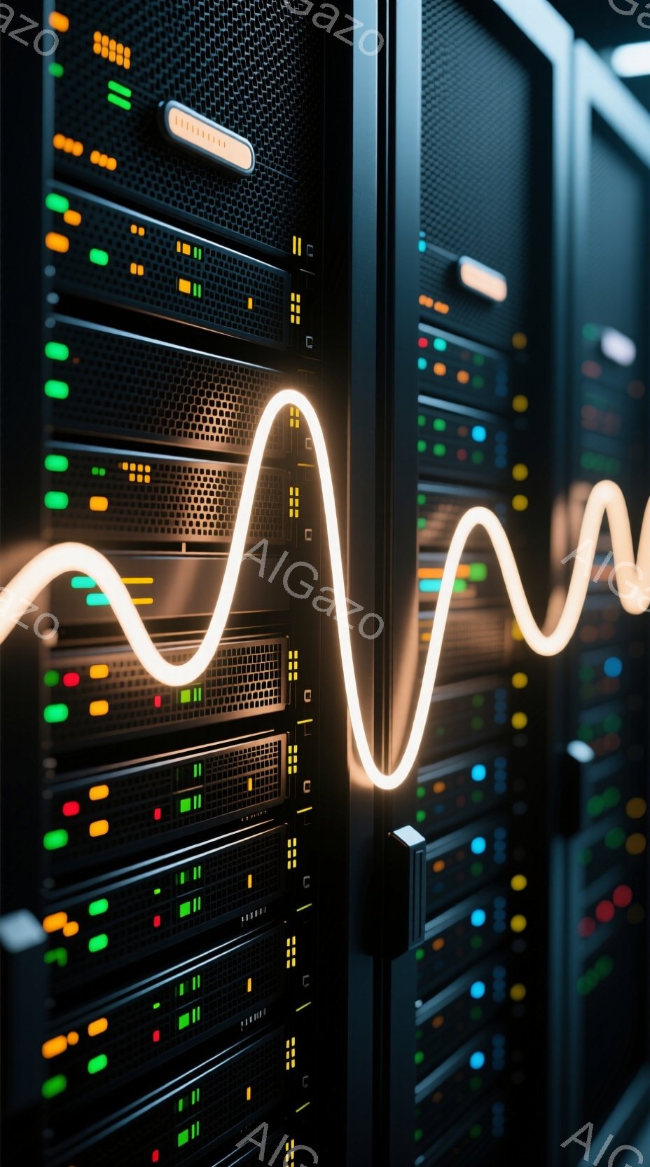 サーバーラックが縦に並んでおり、緑、赤、黄色のLEDライトが点灯しています。ラックの前に明るい白い光の線が蛇行し、まるでエネルギーの流れを視覚化したかのようです。全体的に、データセンターや技術的なインフラストラクチャを象徴する、未来的でダイナミックな雰囲気を醸し出しています。