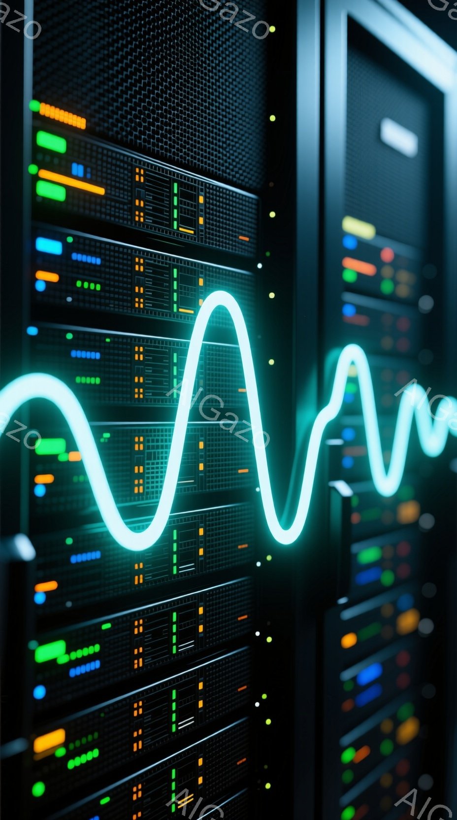 サーバーラックが密に並び、多くの小さな緑、オレンジ、青色のライトが点灯している様子が描かれている。ラックの前面を明るい白い波形が横切っており、高技術で未来的な雰囲気を醸し出している。全体的に暗く、技術的な環境を示唆しており、データセンターやサーバー室を彷彿とさせる。