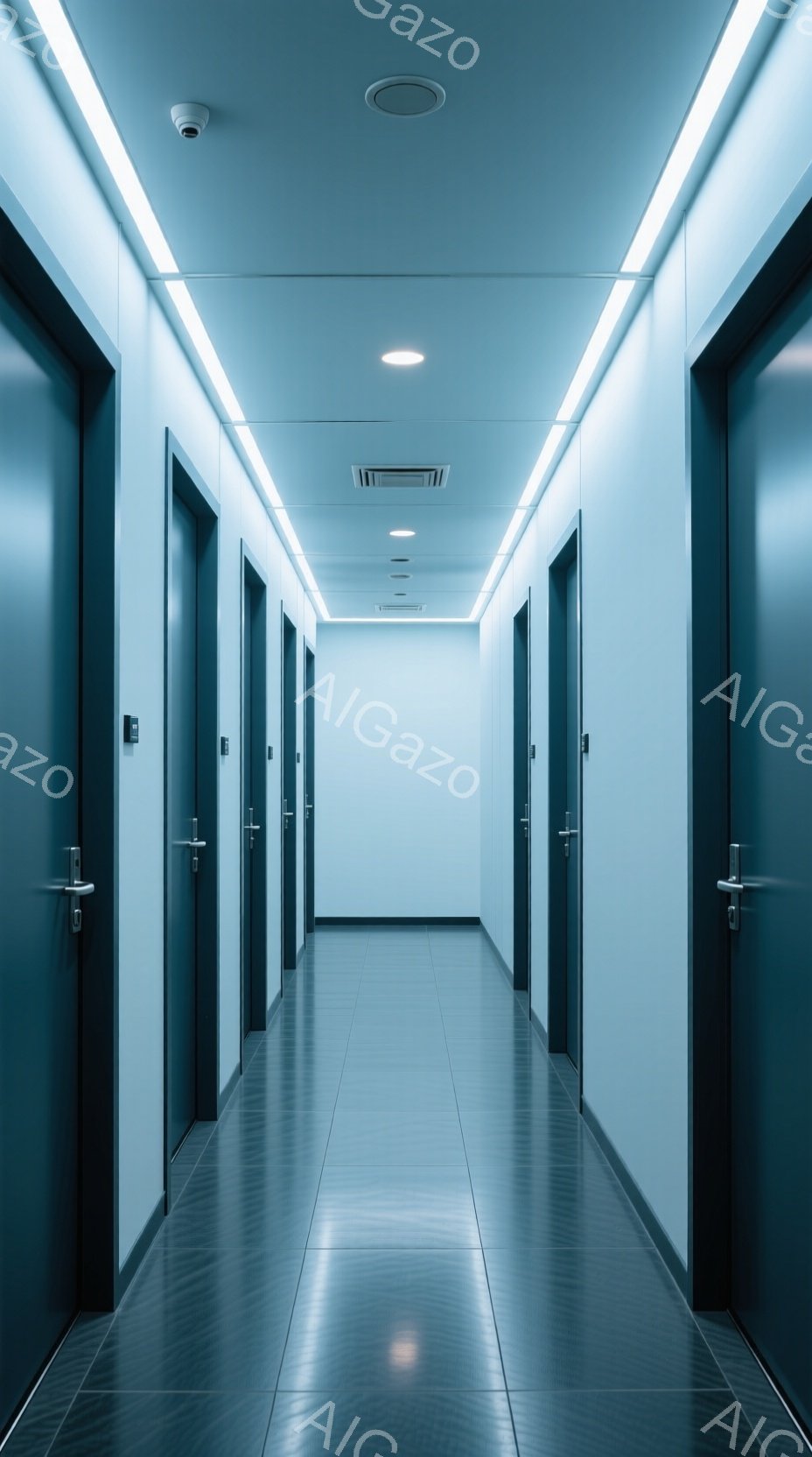 白とグレーを基調とした廊下が、整然と左右に広がっている。各ドアは黒色で、モダンな金属製の取っ手が付いており、廊下の壁は明るい白で、天井には蛍光灯が設置されている。床は光沢のあるグレーのタイルで、光を反射し、全体的に無機質で静かな雰囲気を醸し出している。