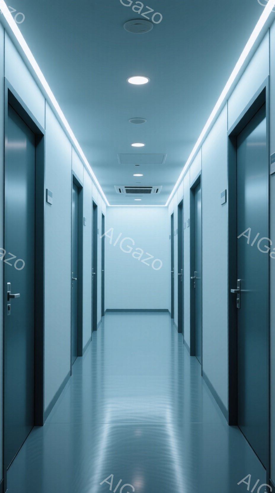 白い壁と灰色のドアが左右に続く廊下で、フッとした蛍光灯の光が反射して、未来的な雰囲気を醸し出しています。床は磨かれた光沢のあるグレーで、天井には換気口と照明が規則的に配置されています。この廊下は、病院や研究施設のような無菌的で静かな空間を想起させます。