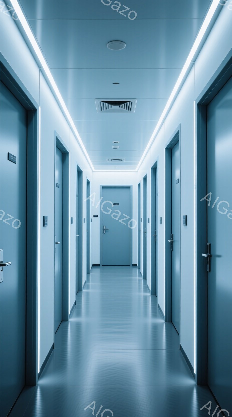 この画像は、廊下の内部を描写しており、両側に灰色のドアが等間隔に並んでいます。廊下は明るい蛍光灯で照らされ、床は光沢のある灰色で、清潔で無菌的な雰囲気が漂っています。全体的に、病院や研究所など、機能性と清潔さが重視される空間を連想させる、無機質で静謐な印象です。