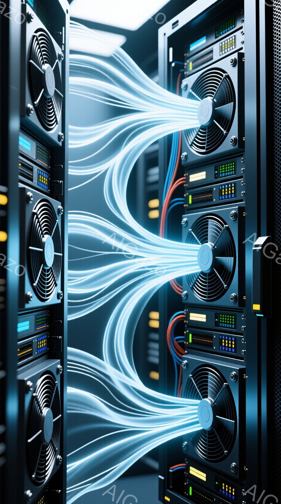 サーバーラックが縦に並び、青色の光の線がそれらを繋いでいます。ラックにはファンや様々なポートが見え、内部の電子機器の複雑さを表しています。全体的に、高速データ転送やネットワーク接続を連想させる、未来的な雰囲気です。