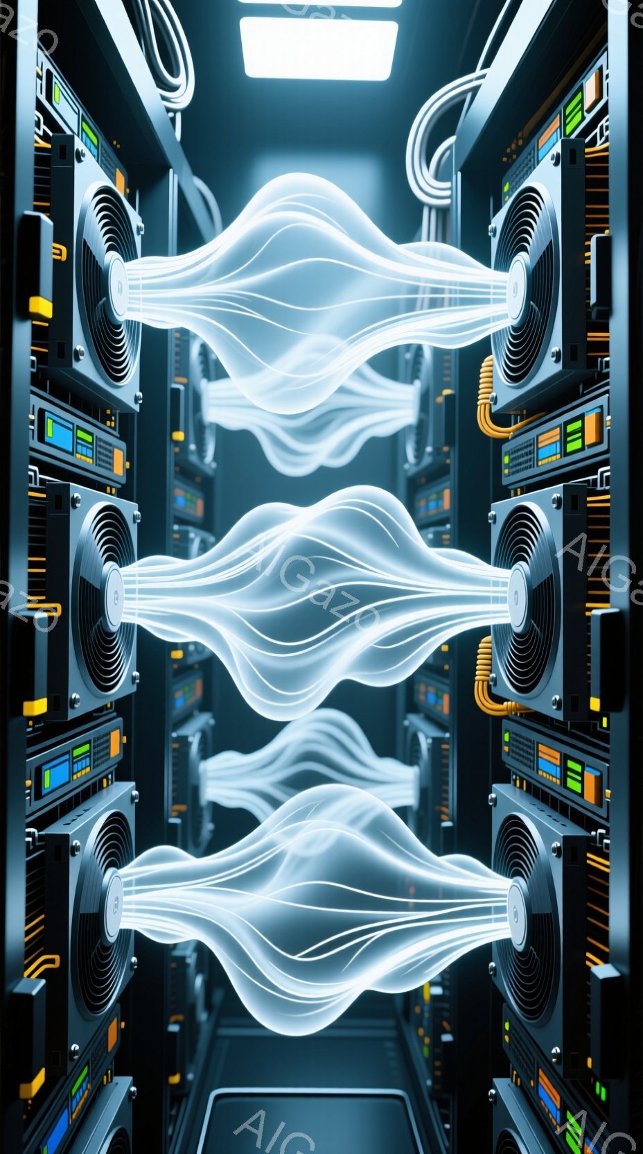 この画像は、サーバーラックが並ぶデータセンター内を捉えています。ラックには多数のファンと光ファイバーケーブルが取り付けられており、明るい青色の光ファイバーが通路を横切って伸びています。全体的に、テクノ - AI生成フリー素材