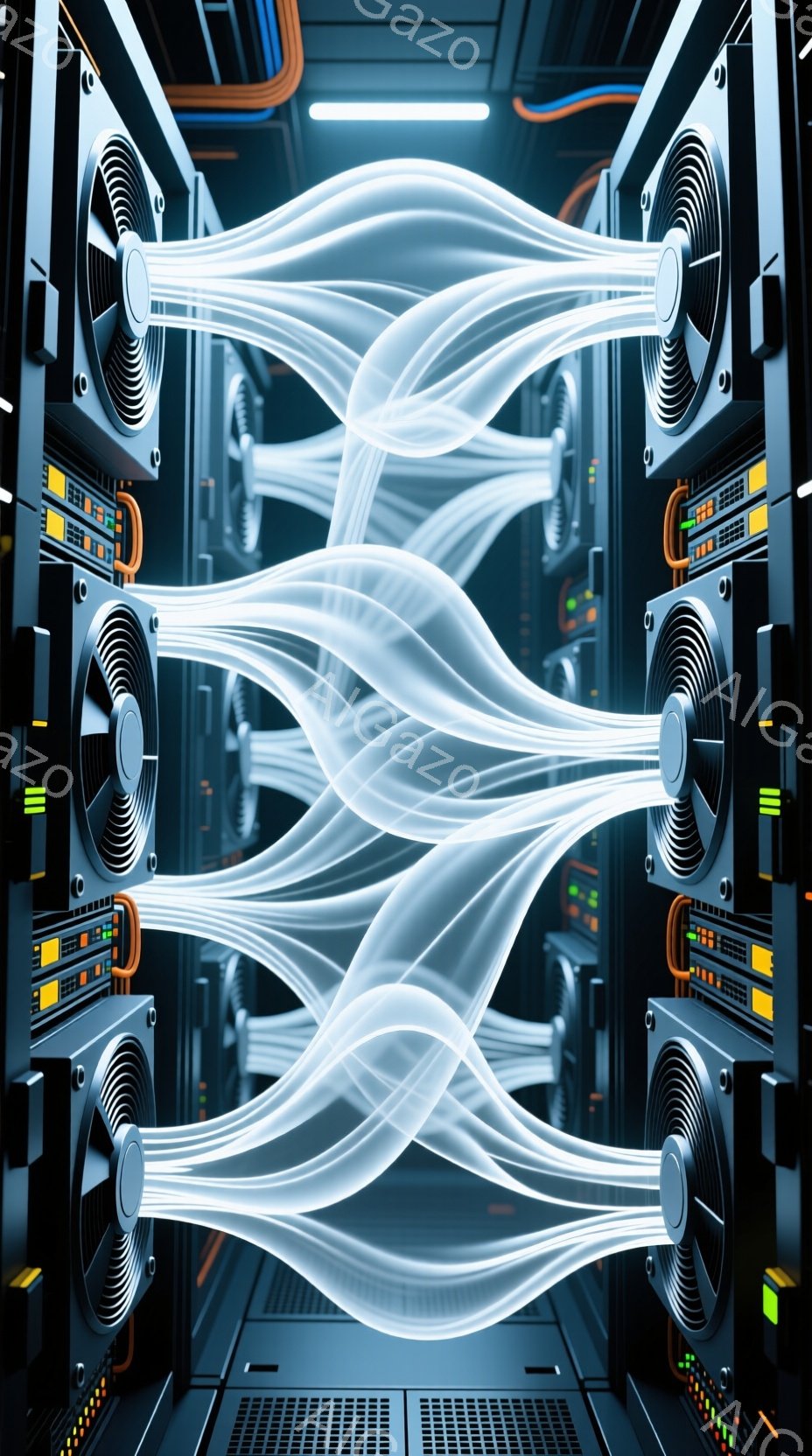 この画像は、サーバーラックが整然と並んだデータセンター内部を捉えています。ラックには冷却ファンが取り付けられ、白く光るケーブルが複雑に絡み合い、まるで光のネットワークを形成しています。全体的に青色の照明が使用され、未来的な雰囲気と高度な技術を感じさせます。
