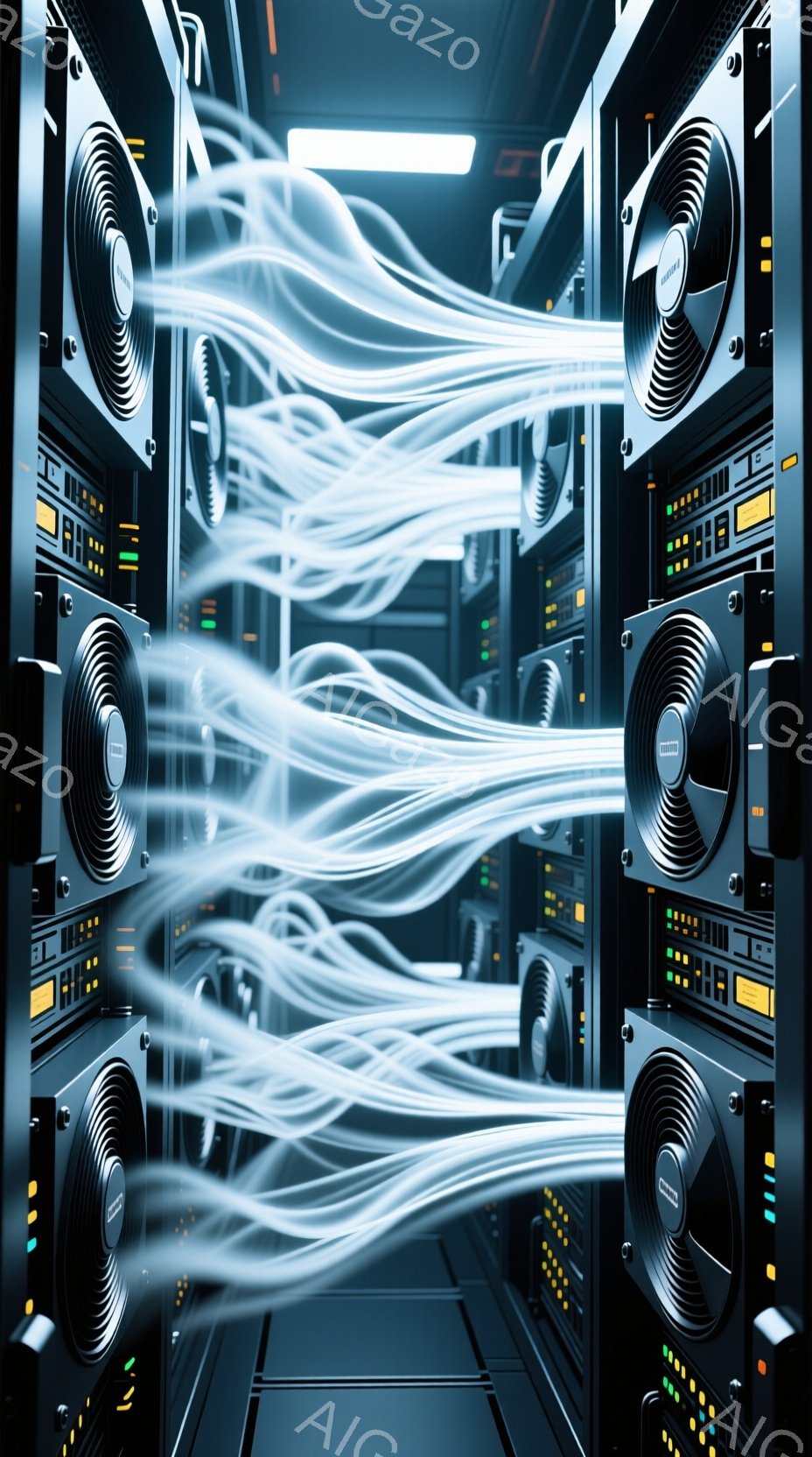 この画像は、サーバーラックが並んだ部屋の内部を示しています。ラックには多くのケーブルが接続されており、まるで光の川のようです。全体的に青色の照明が使われており、未来的な雰囲気を作り出しています。