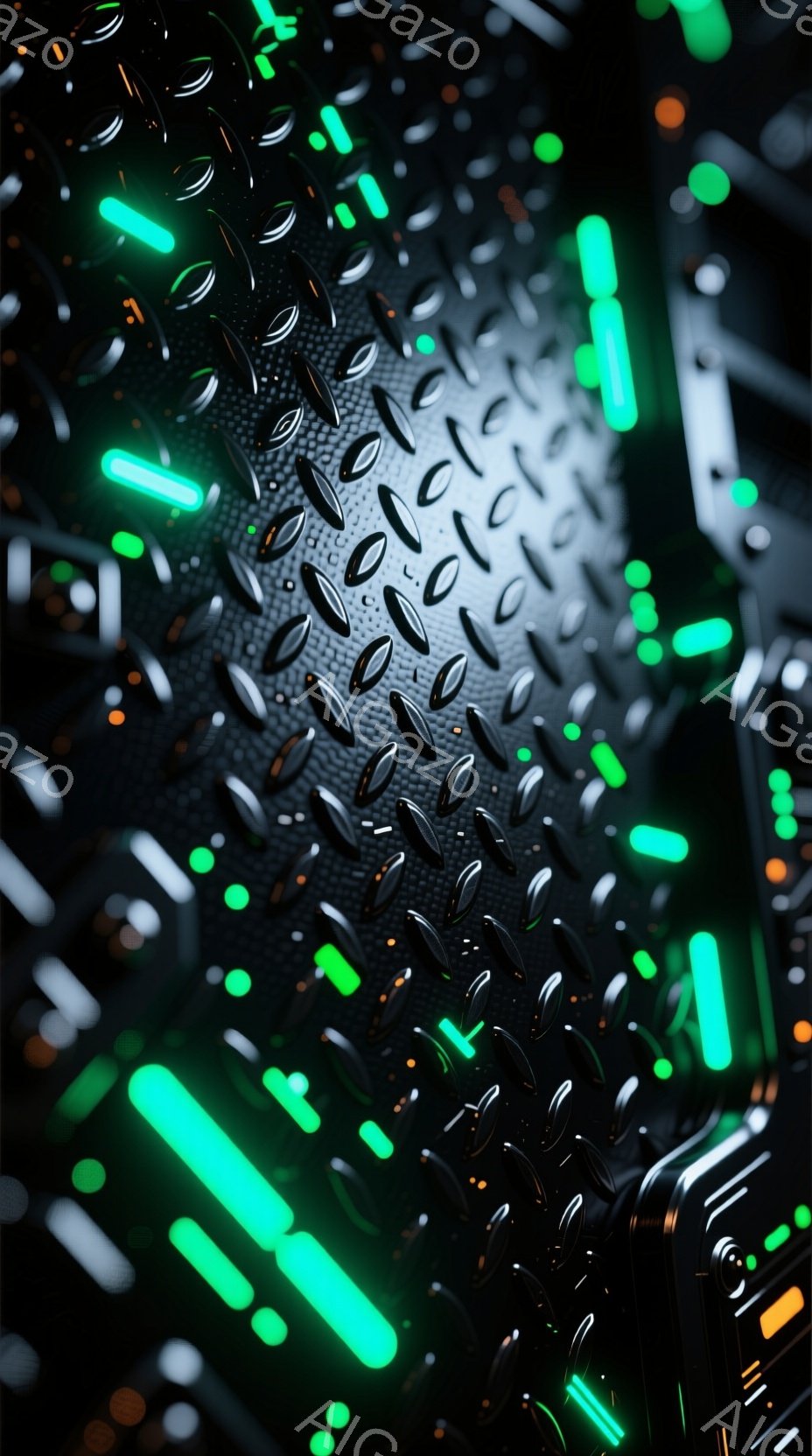 この画像は、未来的な装甲またはテクスチャのクローズアップです。無数の小さな六角形のプレートが互いに接続され、金属的な光沢を放っています。鮮やかな緑色の発光線がその上に散りばめられ、暗い背景の中でサイバーパンク的で技術的な雰囲気を醸し出しています。