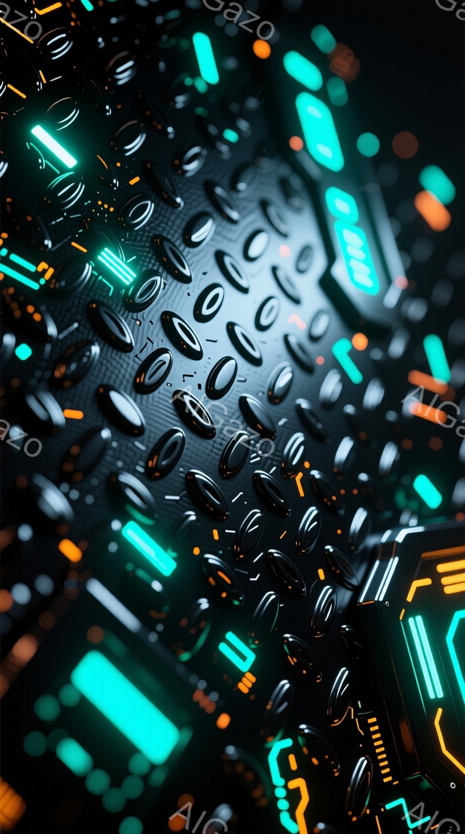 複雑な未来的な構造が画面全体を覆っており、黒い表面に青とオレンジの光が点在しています。円筒形の突起物が密集して配置され、まるでメカニカルな内部構造や電子回路の一部を捉えたようです。全体的に、SF映画に出てくるような、洗練されたテクノロジーの世界を想起させるイメージです。