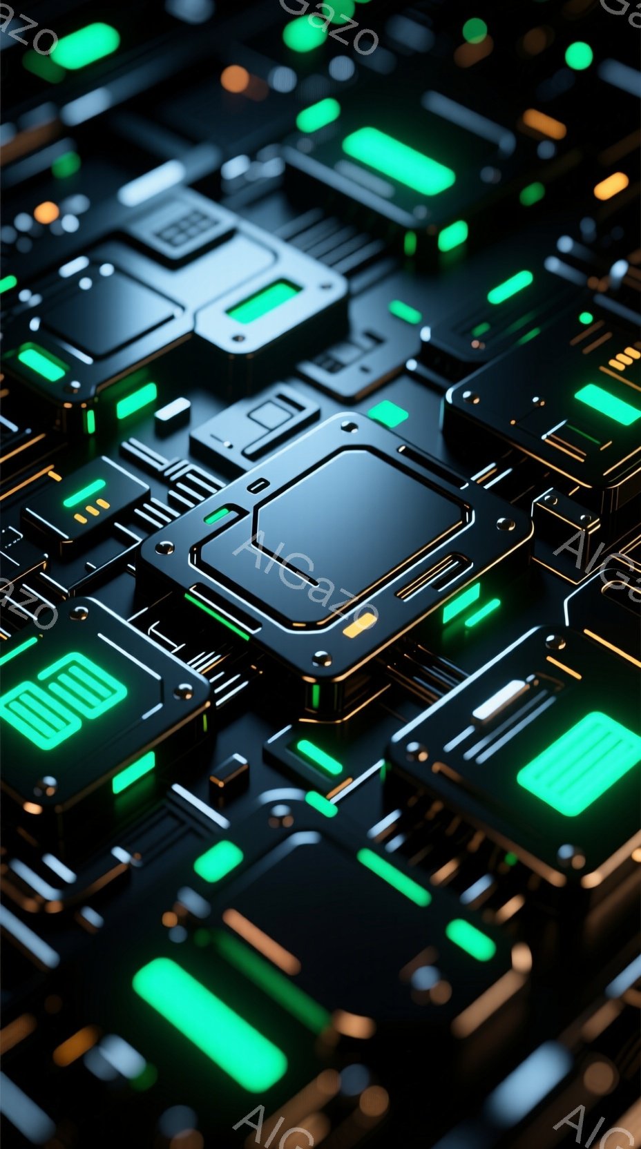この画像は、複雑な回路基板を極限まで拡大したクローズアップです。鮮やかな緑色の光が、黒と金色の金属的な構造を際立たせており、未来的なテクノロジーを感じさせます。細かい線や幾何学模様が組み合わさり、精密で高度な電子機器内部の様子を表しています。