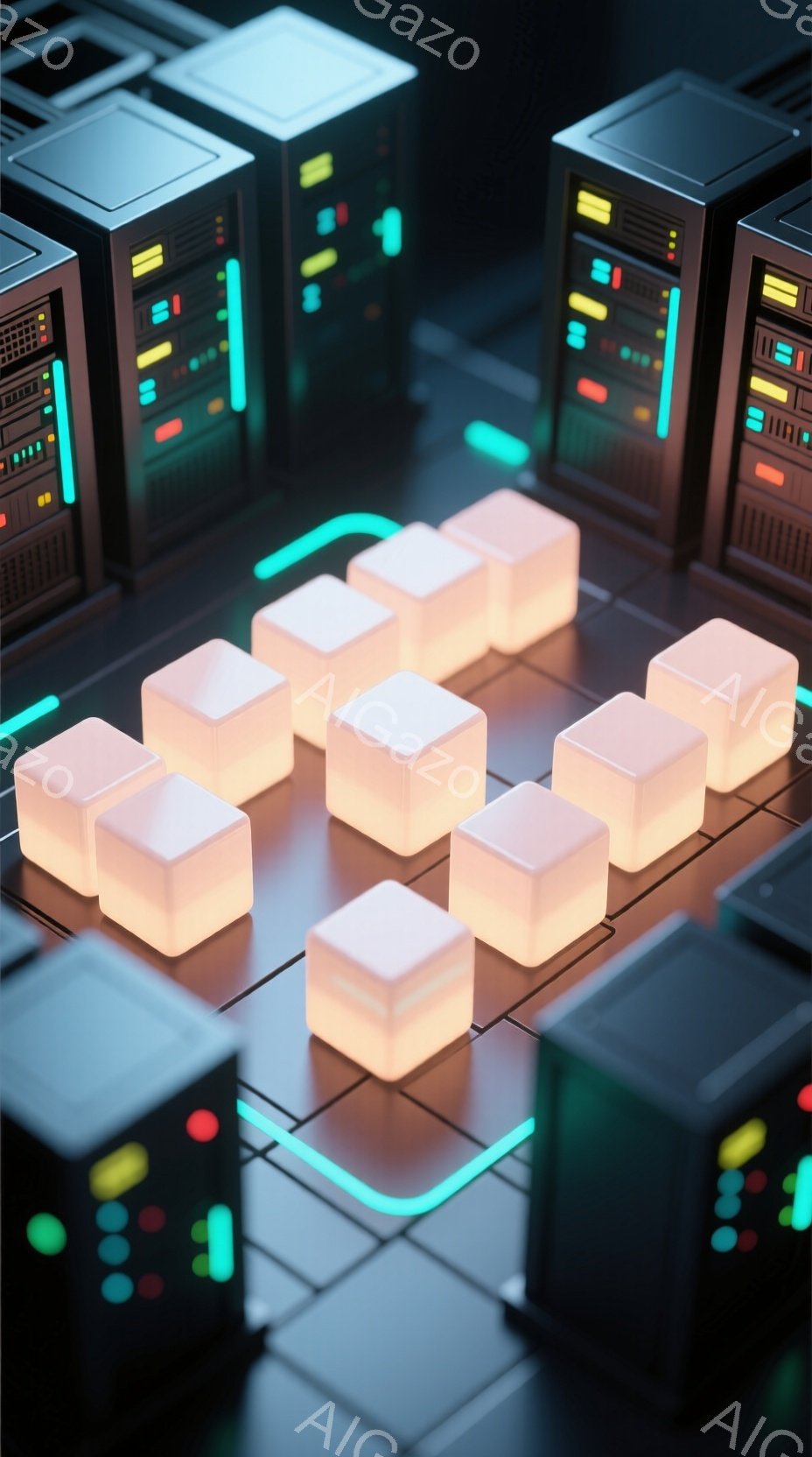 この画像は、暗い背景に並んだサーバーラックと、発光する立方体が描かれています。立方体は明るいオレンジ色で、青い光のラインで区切られたグリッド上に配置されており、まるでデジタルな風景を思わせます。全体的に近未来的で、サイバーパンク的な雰囲気が漂っています。
