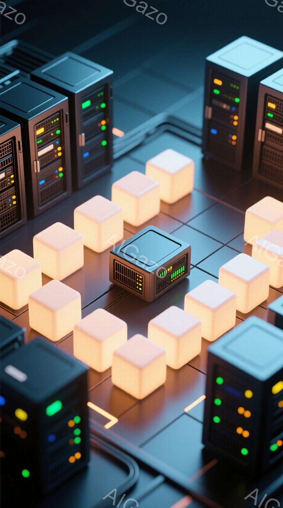 画像は、暗い背景に配置された一連の立方体サーバーと、それらをつなぐように配置された発光する立方体で構成されています。サーバーは黒く、前面には緑と黄色のLEDライトが点滅しており、発光する立方体は暖かく、柔らかい光を放っています。 全体として、近未来的なデータセンターやネットワークインフラを連想させる、技術的で抽象的な雰囲気を持っています。