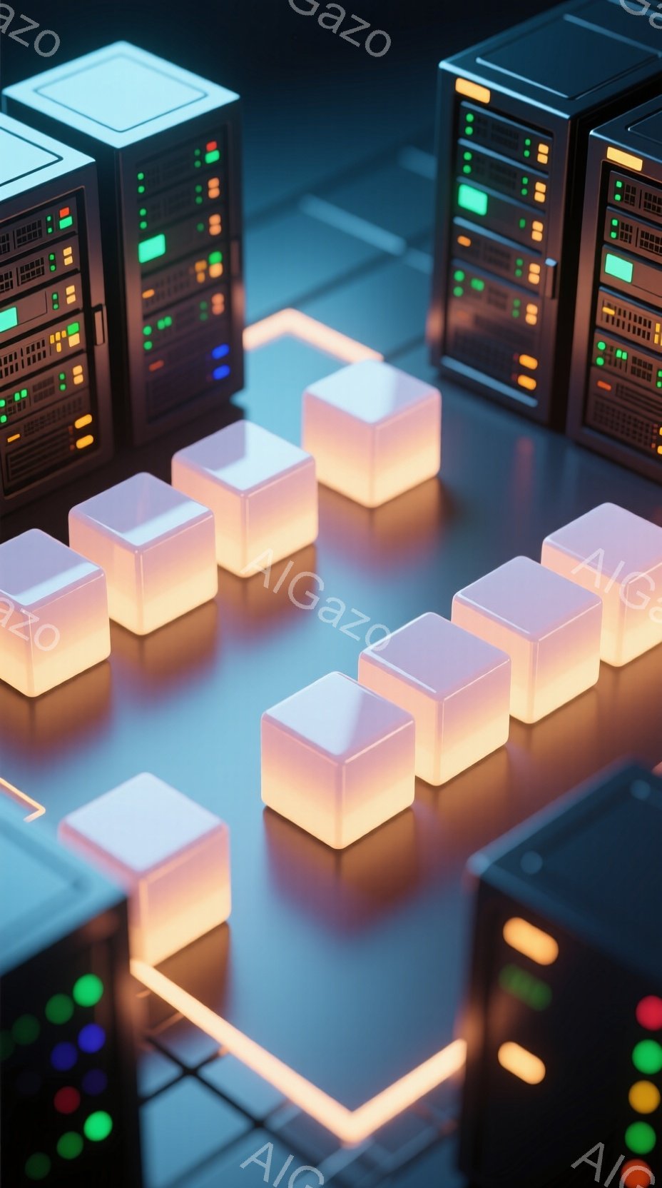 この画像は、青色の床に設置されたサーバーラックと発光する立方体が並んだ様子を捉えています。サーバーラックは複雑な制御パネルで覆われ、オレンジと緑色の小さなライトが点灯しています。立方体は暖かくオレンジ - AI生成フリー素材