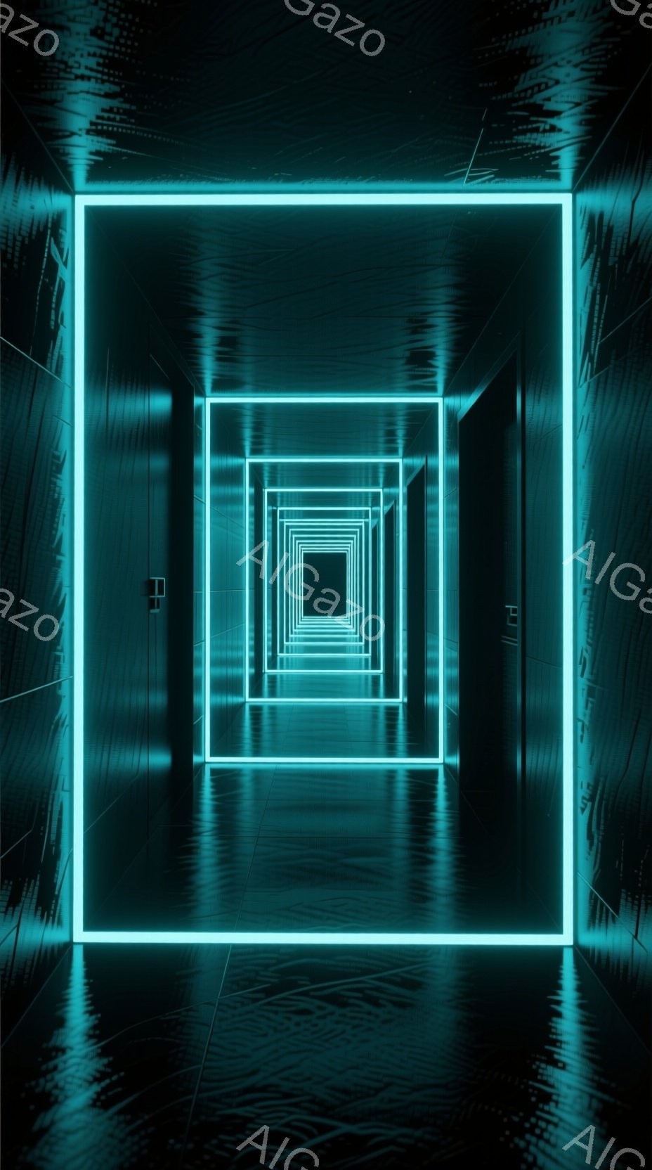 この画像は、青い発光する正方形が無限に続くトンネルを描写している。壁面は鏡面仕上げで、光の反射が繰り返され、奥行きのある幻想的な空間を作り出している。全体的に冷たく、未来的な雰囲気が漂い、無限に続く空 - AI生成フリー素材