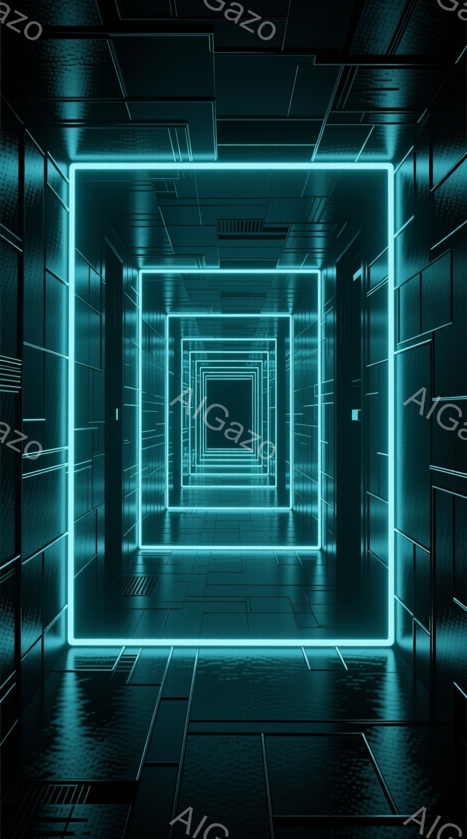 無限に続く光る四角形のトンネルが描かれている。床は黒いタイルで覆われ、光の反射によって滑らかで未来的な印象を与えている。全体的に青と黒の色調で、サイバーパンクやSF映画のような、神秘的で没入感のある雰 - AI生成フリー素材