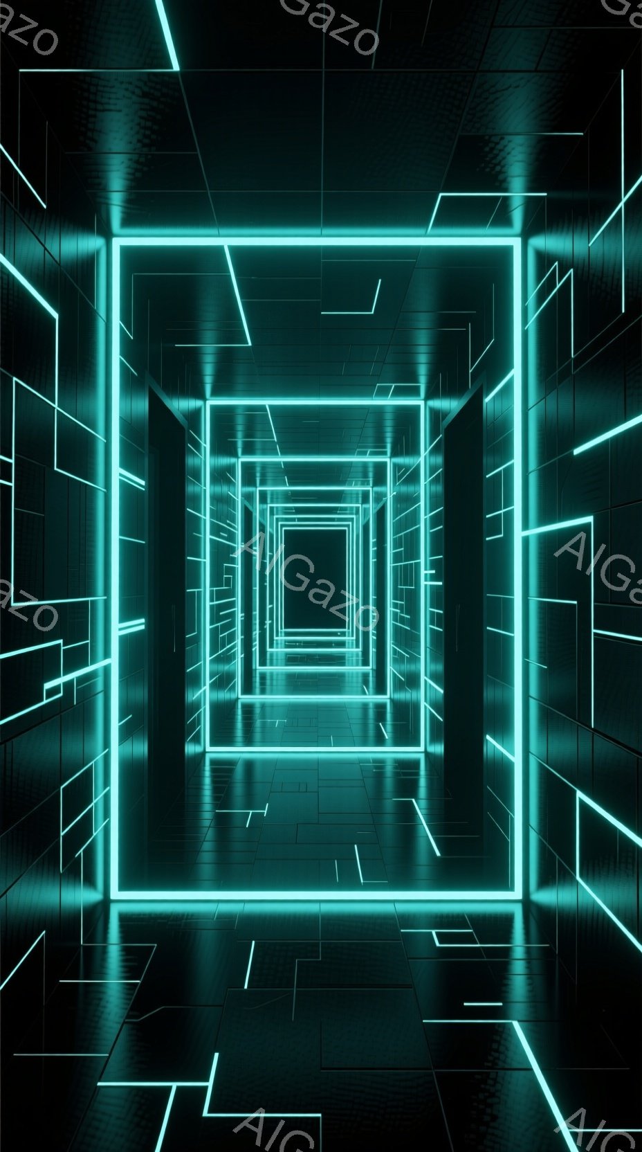 この画像は、光る線で構成された無限に続くようなトンネルを描いています。床と壁は暗いグレーで、光る青い線が幾何学的なパターンを描き、遠近感を強調しています。全体的に、サイバーパンクや未来的な仮想空間を連 - AI生成フリー素材