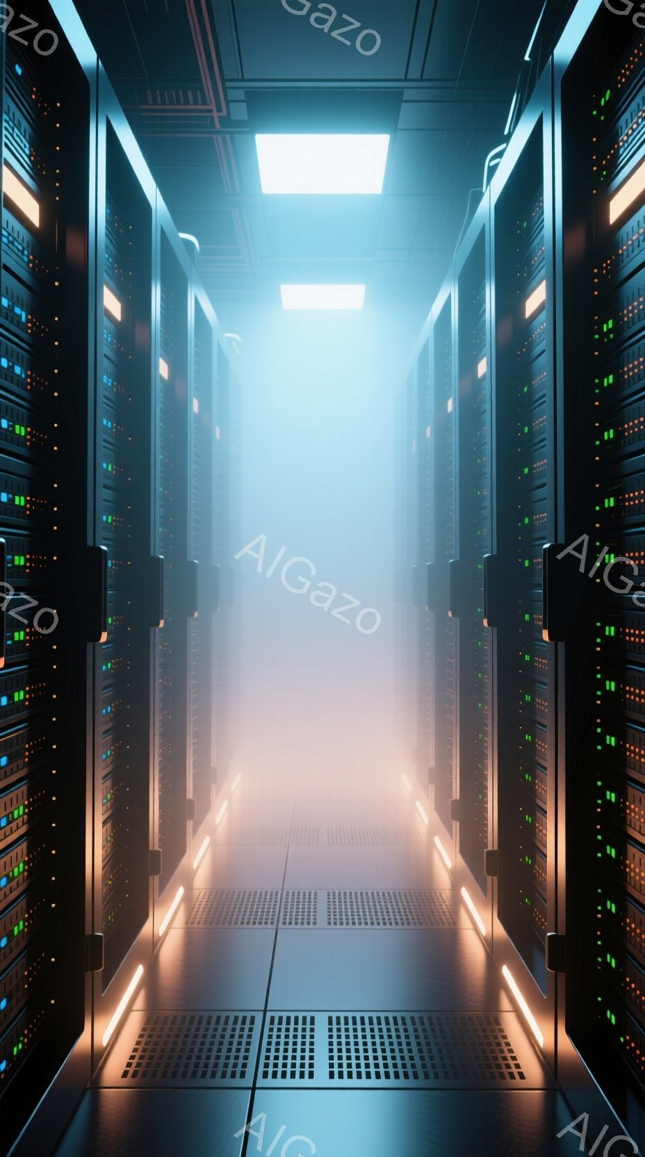 無数のサーバーが整然と並んだデータセンター内部を捉えた画像である。通路は金属製の床で構成され、サーバーのLEDライトがオレンジ色と緑色に点滅し、未来的な雰囲気を醸し出している。通路の奥には明るい光が差し込み、空間全体に薄暗いながらも神秘的な雰囲気を生み出している。