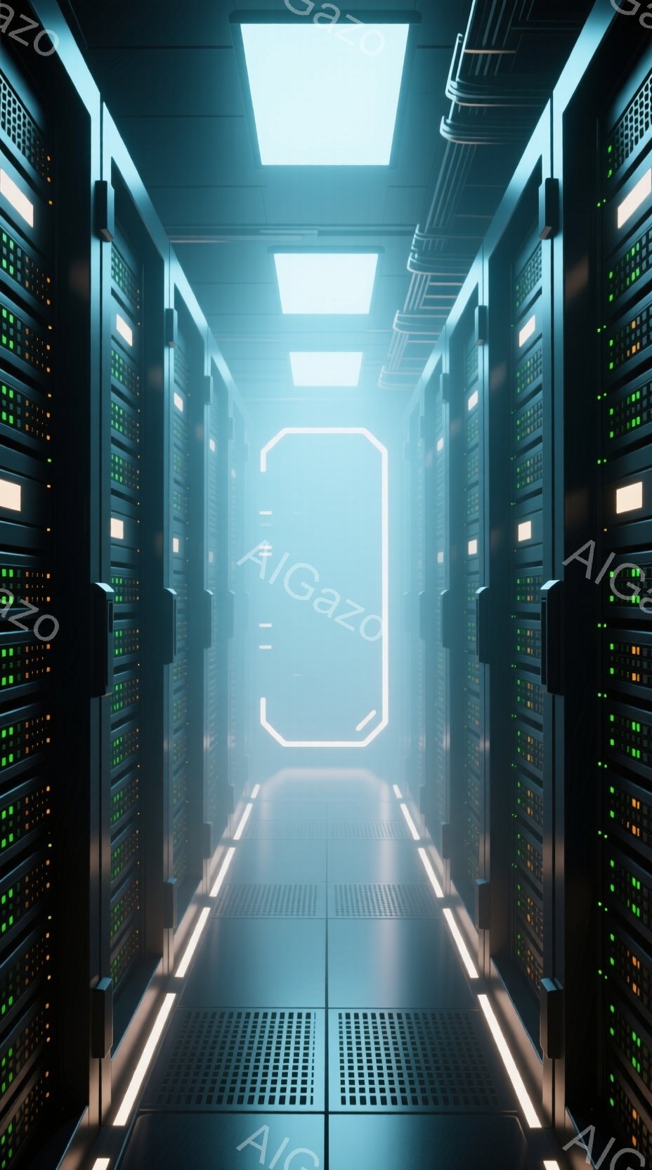 無数のサーバーラックが両側に並び、青白い光が通路を照らしている。床には金属製のグリッドが敷かれ、天井からは明るい光が差し込んでいるが、全体的に冷たく、未来的な雰囲気が漂っている。この通路は、まるでSF映画に出てくるコンピューター施設のような印象を与える。