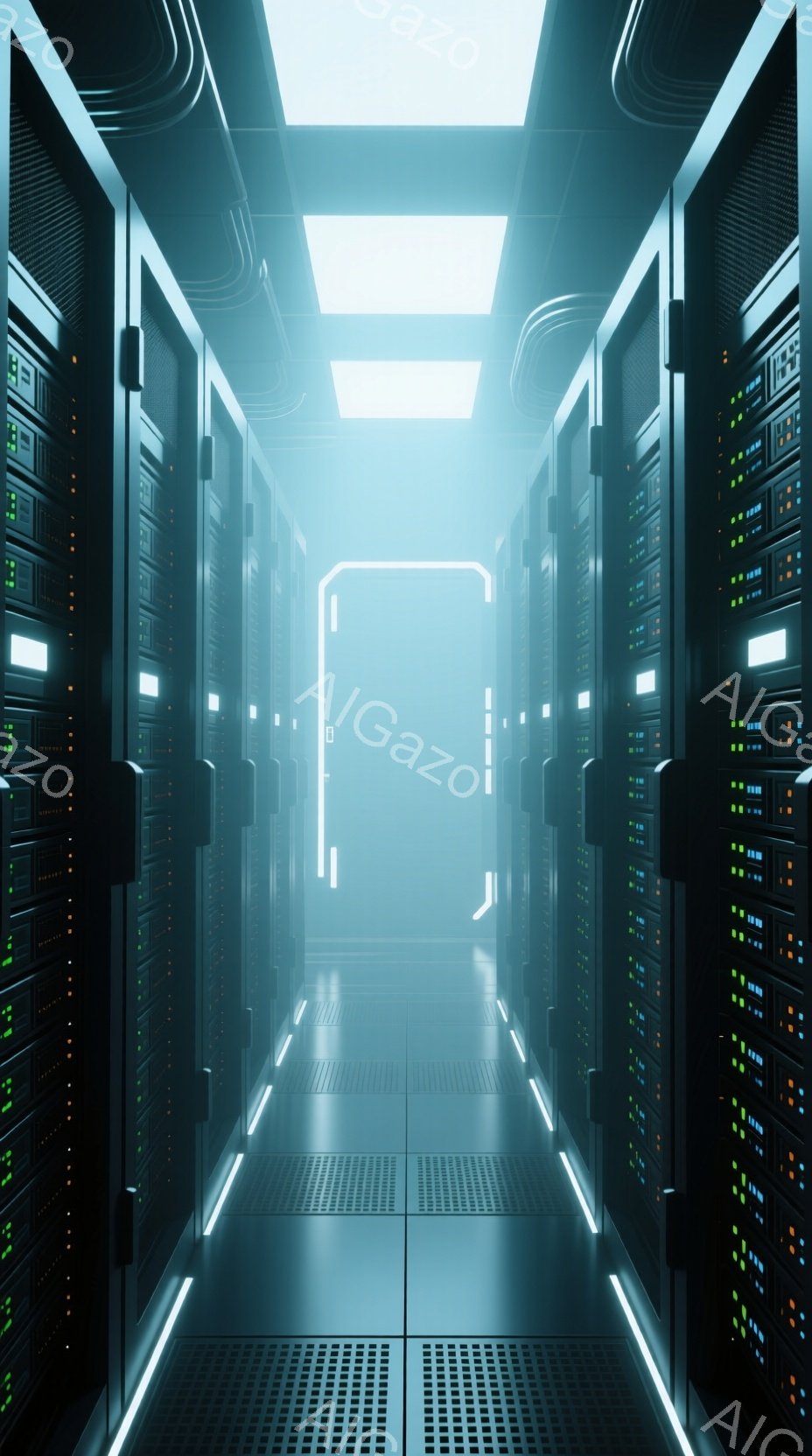 無数のサーバーラックが両側に並ぶ、未来的なデータセンターの廊下です。青白い光がラックの隙間から漏れ出し、床の金属製のグレーティングに反射して、SF映画のような神秘的な雰囲気を醸し出しています。遠くには明るい光が差し込む扉が見え、廊下の奥へと続く無限の空間を暗示しています。