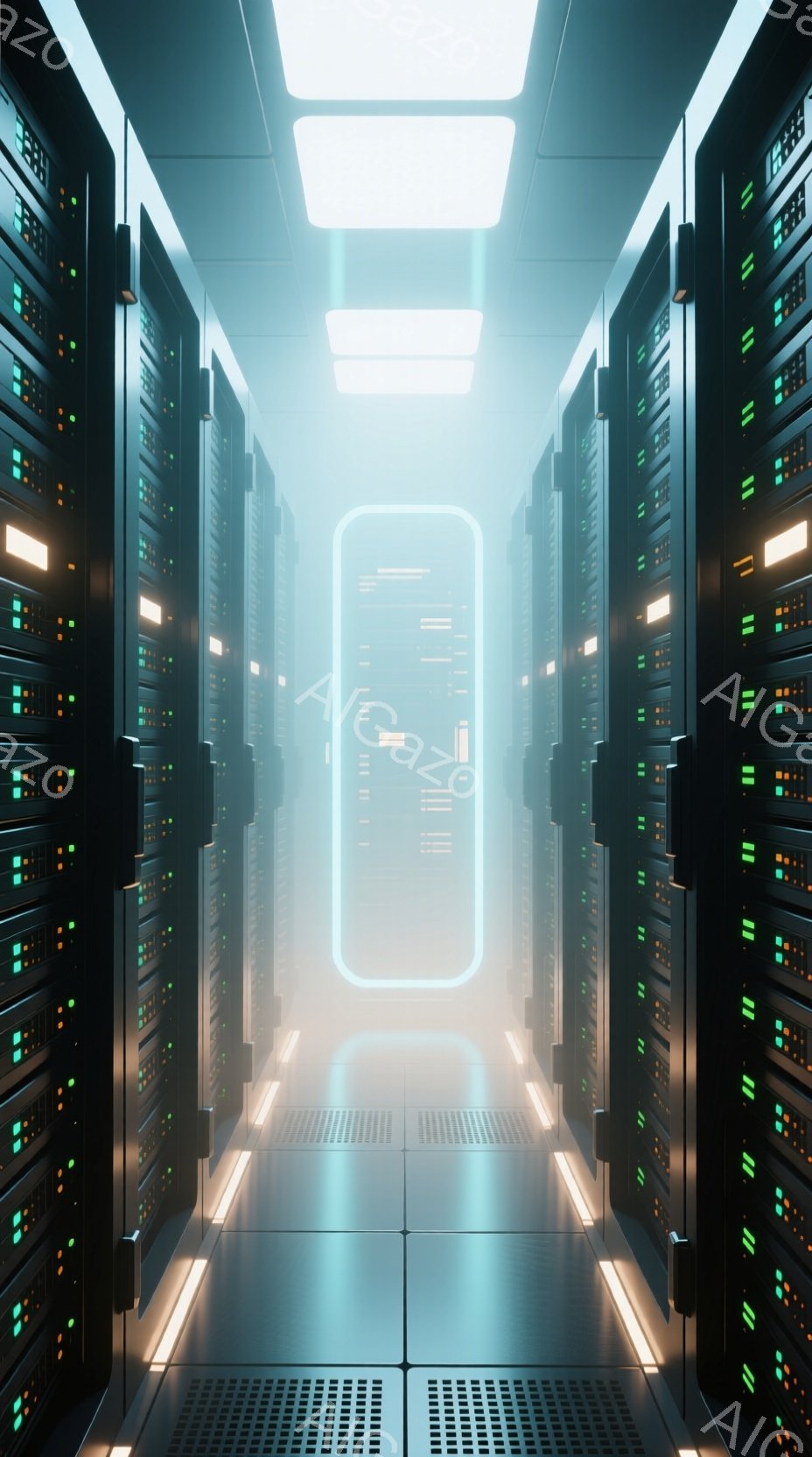 無数のサーバーラックが両側に並び、青い光が通路を照らしている近未来的なデータセンター内部です。床と天井も青色に光っており、全体的にクールでテクノロジーを感じさせる雰囲気です。霧のようなものが通路全体に漂い、奥行きを強調しています。