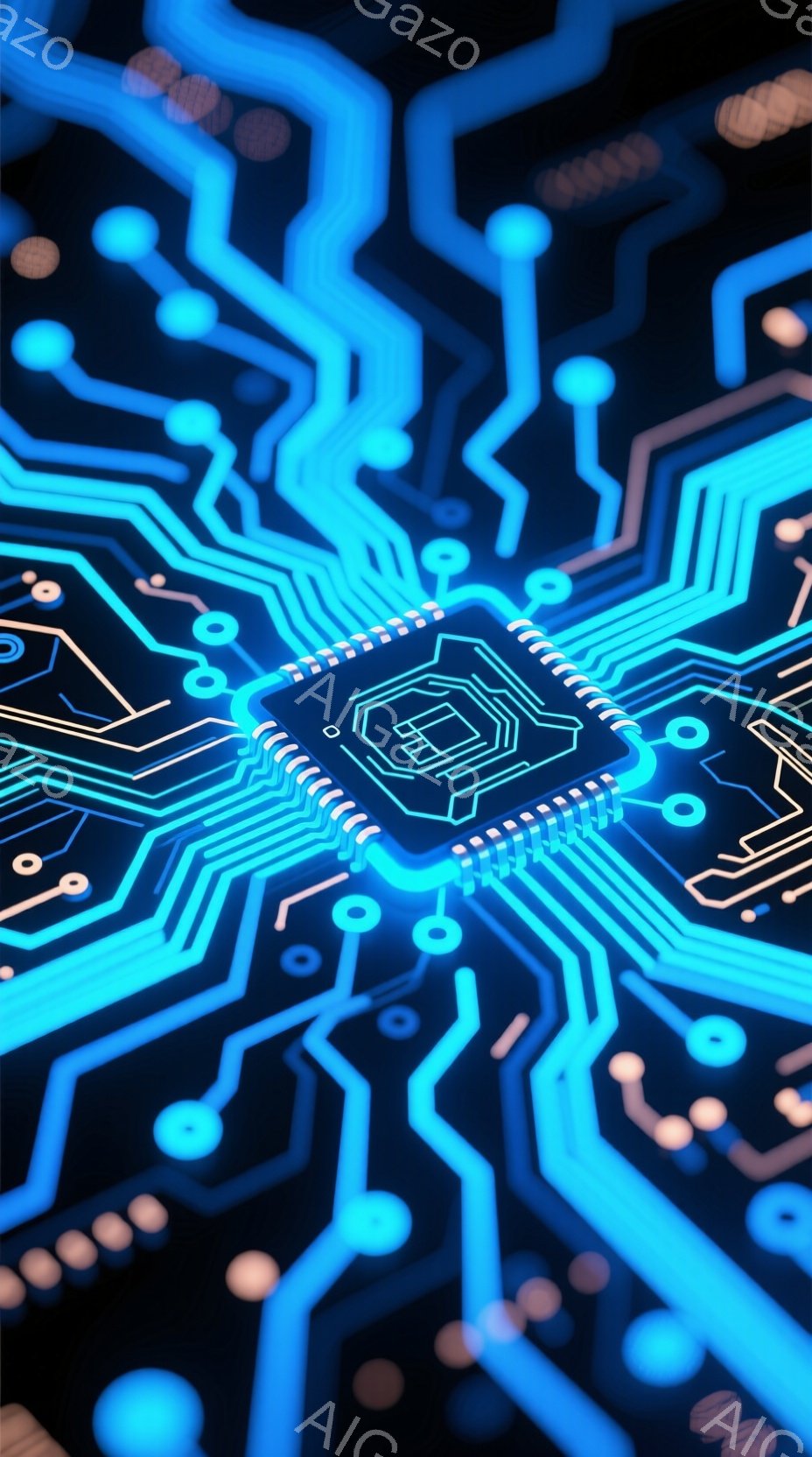 画像は、暗い背景に鮮やかな青色の回路基板が広がる様子を捉えたものです。基板の中心には、複雑な配線と小さな電子部品が組み込まれたチップが配置され、未来的な技術のイメージを喚起します。全体的に、青色の光が - AI生成フリー素材