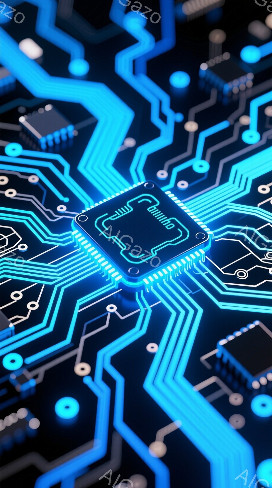 この画像は、暗い背景に輝く青い回路が複雑に広がる様子を描いています。中央には、銀色の電子チップが配置され、回路と接続されています。全体的に未来的なテクノロジーを感じさせる、鮮やかでダイナミックなイメージです。