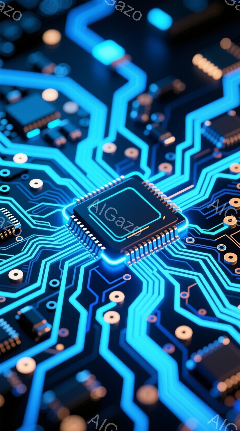 鮮やかな青色の回路基板が画像全体を覆っており、中央には光を放つ黒いプロセッサチップが配置されている。チップの周囲には細い光のラインが走り、回路全体に未来的な印象を与えている。全体的に、テクノロジーと電子機器を連想させる、洗練された雰囲気の画像である。