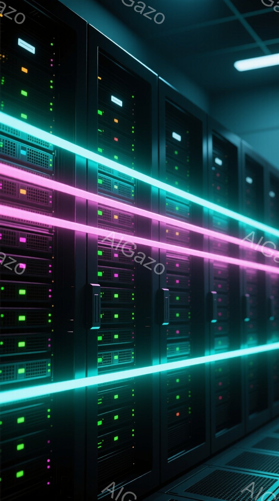 この画像は、データセンターのサーバーラックが並んだ様子を捉えています。緑色とピンク色の光がラックの隙間を走り、未来的な雰囲気を醸し出しています。ラックには多くの小さなランプが点灯しており、システムが稼働していることを示唆しています。