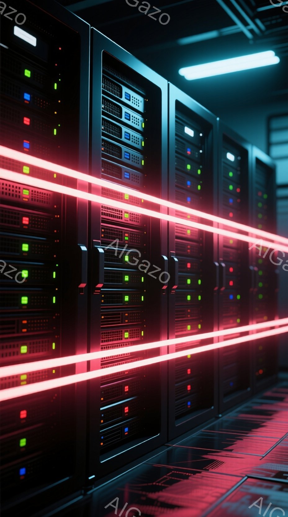 この画像は、一列に並んだサーバーラックが描かれており、各ラックには多くの点灯したインジケーターライトが並んでいる。床はグレーのタイル張りで、鮮やかな赤い光の線がラックの通路を横切っている。全体的に、デ - AI生成フリー素材