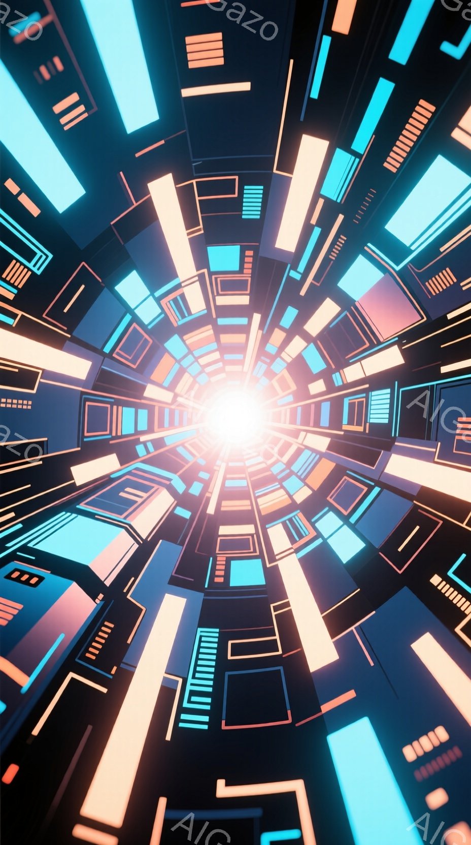 この画像は、中心から放射状に広がる蛍光色の棒状の構造物で構成されたトンネルのような空間を描いています。青、オレンジ、ピンクのネオンライトが独特の未来的な雰囲気を醸し出し、まるでサイバー空間に引き込まれるような感覚を与えます。全体的に幾何学的で抽象的なデザインが、視覚的な奥行きと躍動感を強調しています。