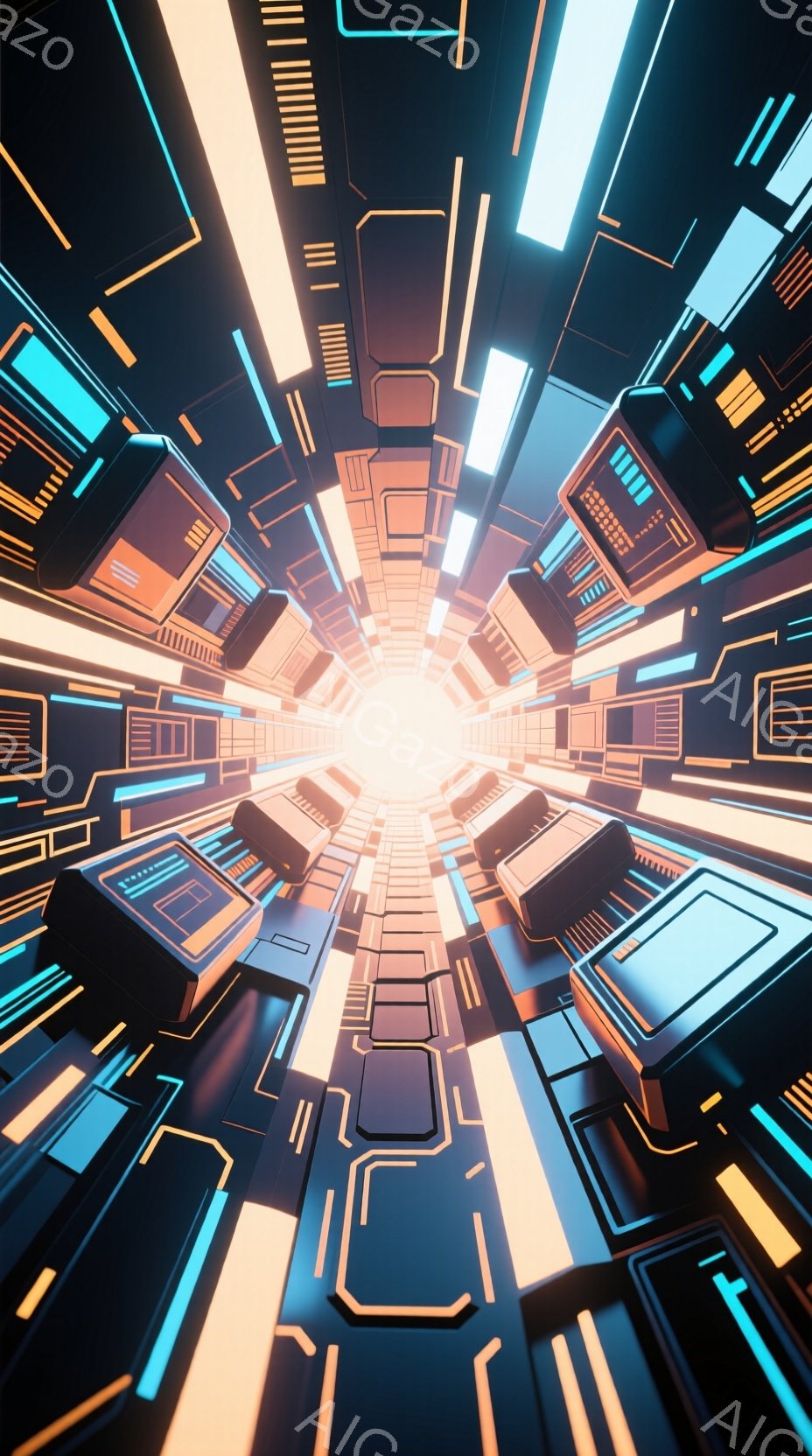 鮮やかなネオンカラーの幾何学的なトンネルが視覚的に広がっている。複雑な構造物が放射状に配置され、中心に向かって光が集約されている様子が描かれている。未来的なサイバー空間やデジタル世界の表現として、強烈な没入感とスピード感を伴う視覚的効果を生み出している。