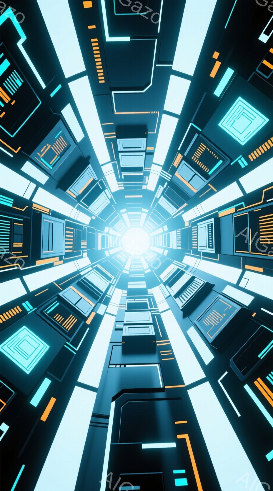 この画像は、明るい光を放つトンネルの内部を捉えたもので、未来的な構造物が壁面を覆っています。青とオレンジのネオンライトが幾何学的なパターンで配置され、視覚的な奥行きとスピード感を強調しています。全体的に、サイバーパンクやSF映画に登場するような、テクノロジーと未来的な雰囲気を醸し出しています。