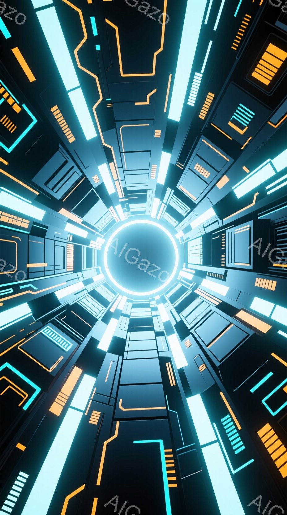 この画像は、未来的なトンネルの内部からの視点を捉えています。青とオレンジのネオンライトが、幾何学的なパターンで配置された壁や構造物を照らし出し、無限に続く空間を作り出しています。中心には明るい白い光の - AI生成フリー素材
