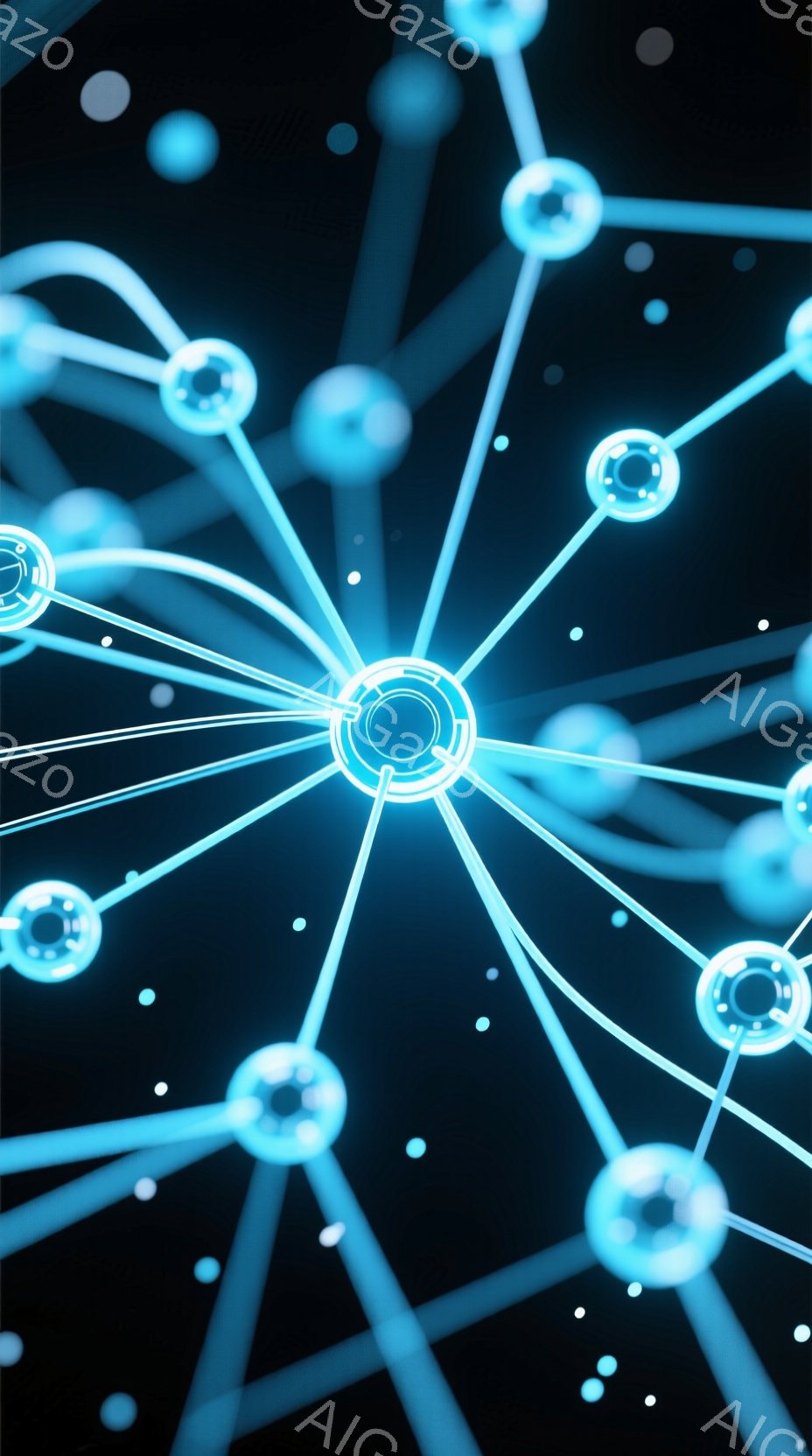 鮮やかな青色の光のネットワークが暗い背景に広がっており、中心から放射状に線が伸びています。各線は球状の光るノードで結ばれており、複雑な接続とデータの流れを表現しているようです。全体的に未来的な雰囲気で - AI生成フリー素材