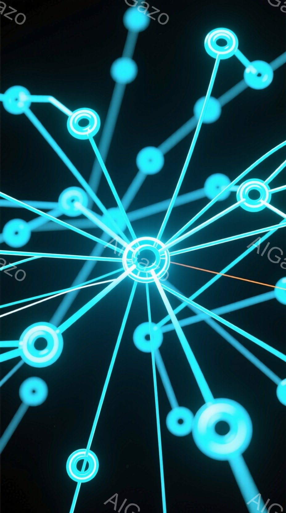 暗い背景に、青緑色の光る線が放射状に広がる抽象的な画像です。線は様々な長さで、途中に円形のノードが配置されており、まるで神経回路やネットワークのような印象を与えます。全体的に未来的な、テクノロジーを感じさせる雰囲気です。