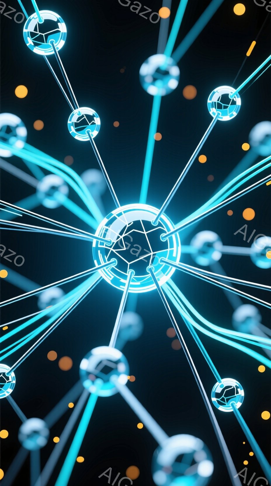 この画像は、中央に光る複雑な構造を持つ抽象的な表現で、青い光線が放射状に広がっています。構造は球体とそれに接続された線で構成されており、背景は暗闇の中に散らばるオレンジ色の小さな光点で彩られています。全体的に、未来的なエネルギーやネットワークの概念を想起させる、神秘的でダイナミックな雰囲気です。