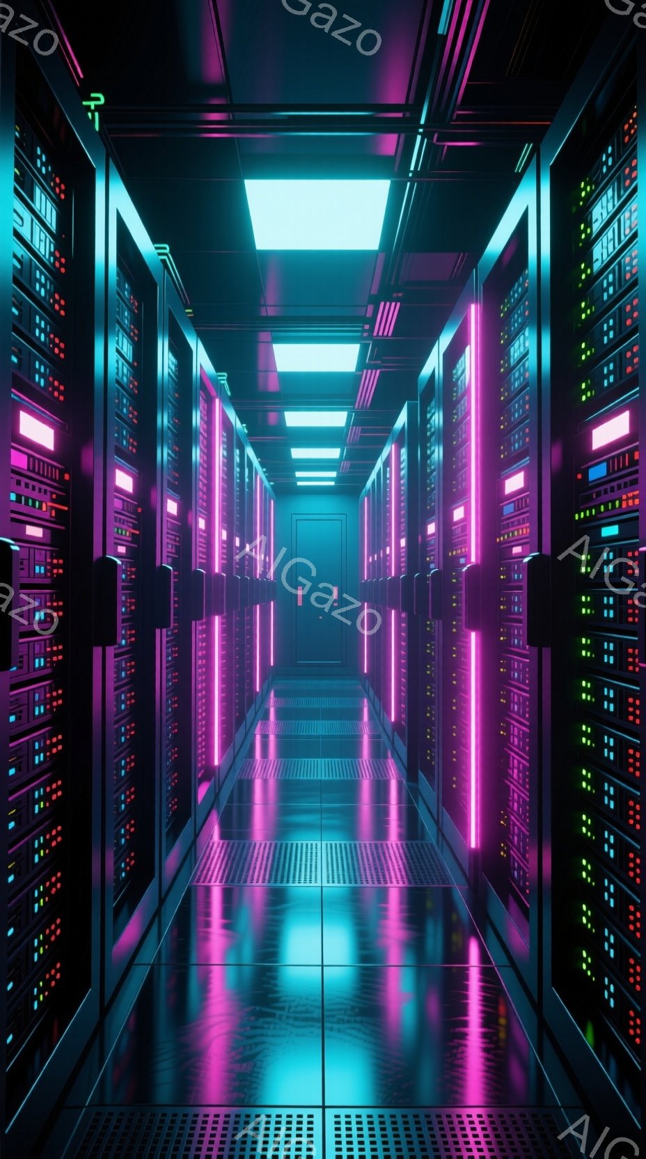 無数のサーバーラックが整然と並んだデータセンターの廊下で、青と紫の光が反射して未来的な雰囲気を醸し出しています。床面は磨かれて光沢があり、天井には明るい蛍光灯が設置されています。この空間は、高度な技術と静寂を象徴しており、まるでサイバーパンク映画のセットのようです。