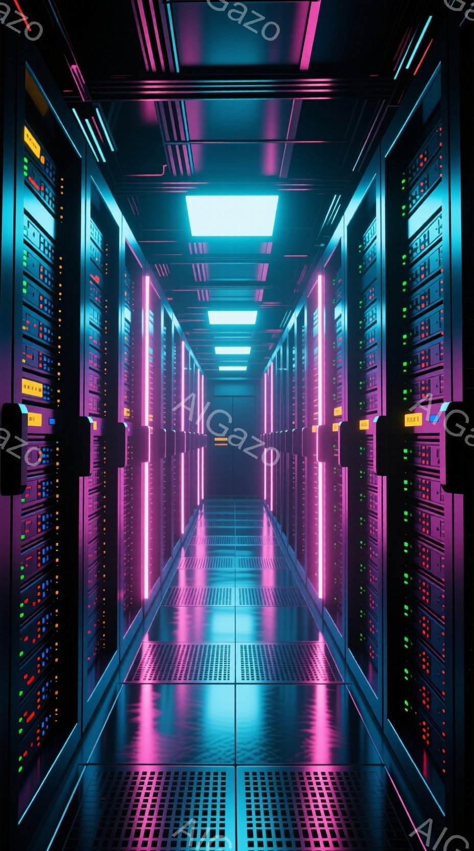 この画像は、青と紫の光が強調されたサーバー室の廊下を示しています。左右に整然と並んだサーバーラックが、未来的な雰囲気を醸し出し、床の金属製のグリッドが光を反射しています。全体的に、技術的で冷たい、しかし美しい空間が表現されています。