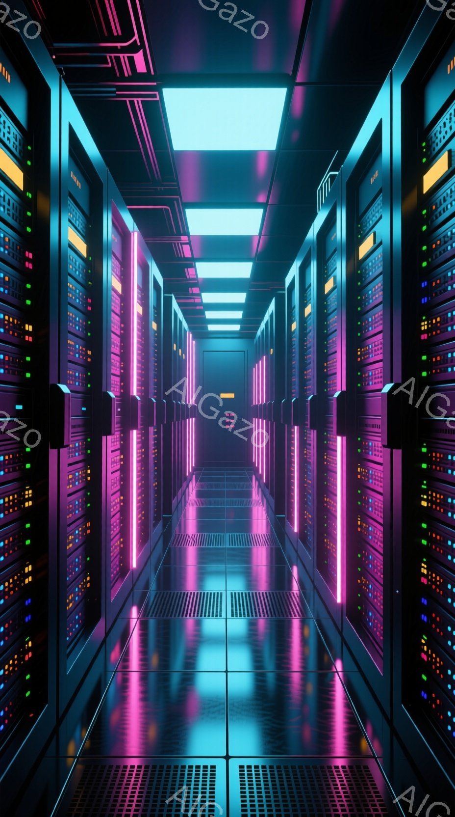無数のサーバーラックが整然と並んだ、未来的なデータセンターの廊下です。ラックには緑、赤、青の光が点灯しており、床と天井に反射して、サイバーパンクのような幻想的な雰囲気を醸し出しています。 廊下の奥行き - AI生成フリー素材